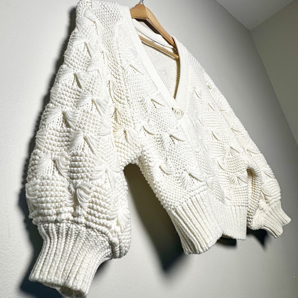 Zara Chunky Knit Ecru Cotton Blend Blogger Favorite Cardigan Sz Medium